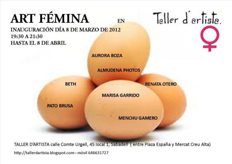 Cartel de la exposición Art Fémina con nombres de artistas sobre huevos ilustrados.