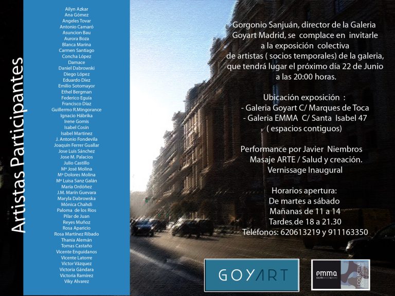 Invitación a la exposición colectiva de socios de la Galería Goyart con lista de artistas participantes.