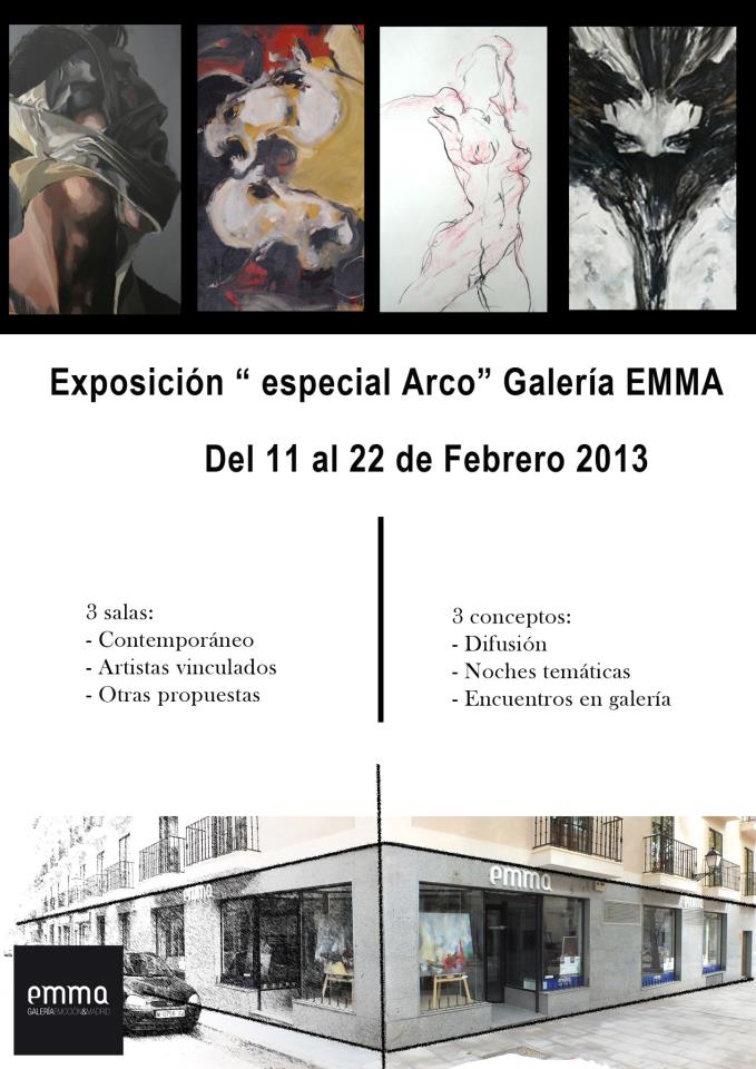 Cartel con cuatro obras en miniatura y fachada de la Galería Emma.