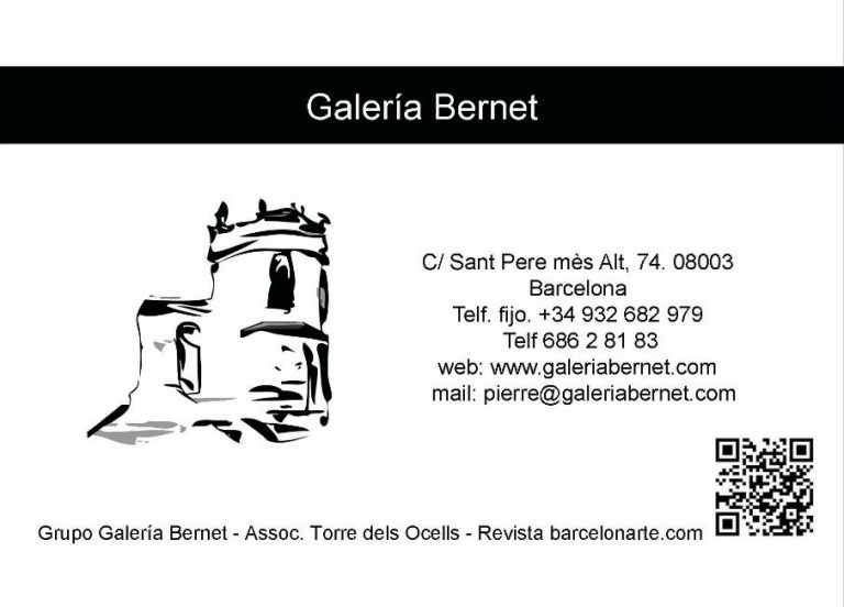 Tarjeta/panel informativo de la Galería Bernet con logo y datos de contacto.