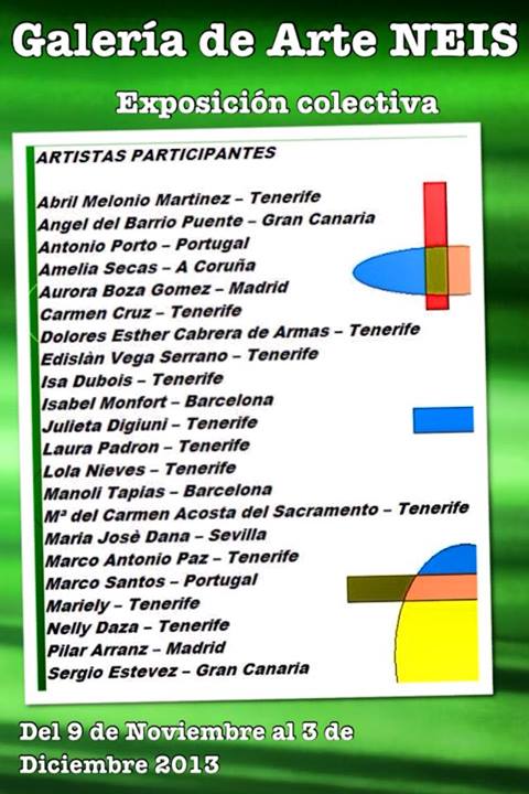 Cartel verde de la exposición colectiva con listado de artistas.