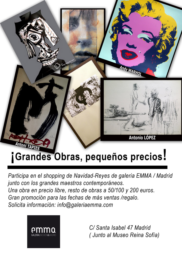 Cartel promocional con obras de grandes maestros y precios para la galería EMMA.