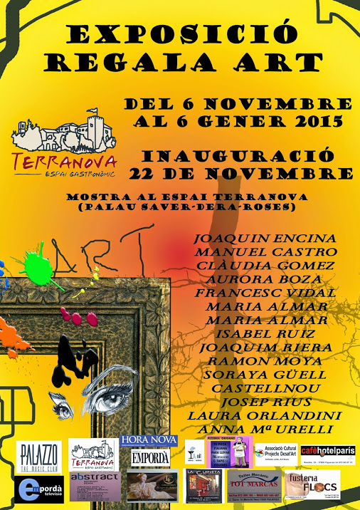 Cartel amarillo de la exposición con listado de artistas participantes.