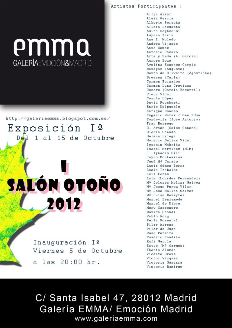 Cartel del I Salón Otoño 2012 de la Galería EMMA con lista de artistas participantes.